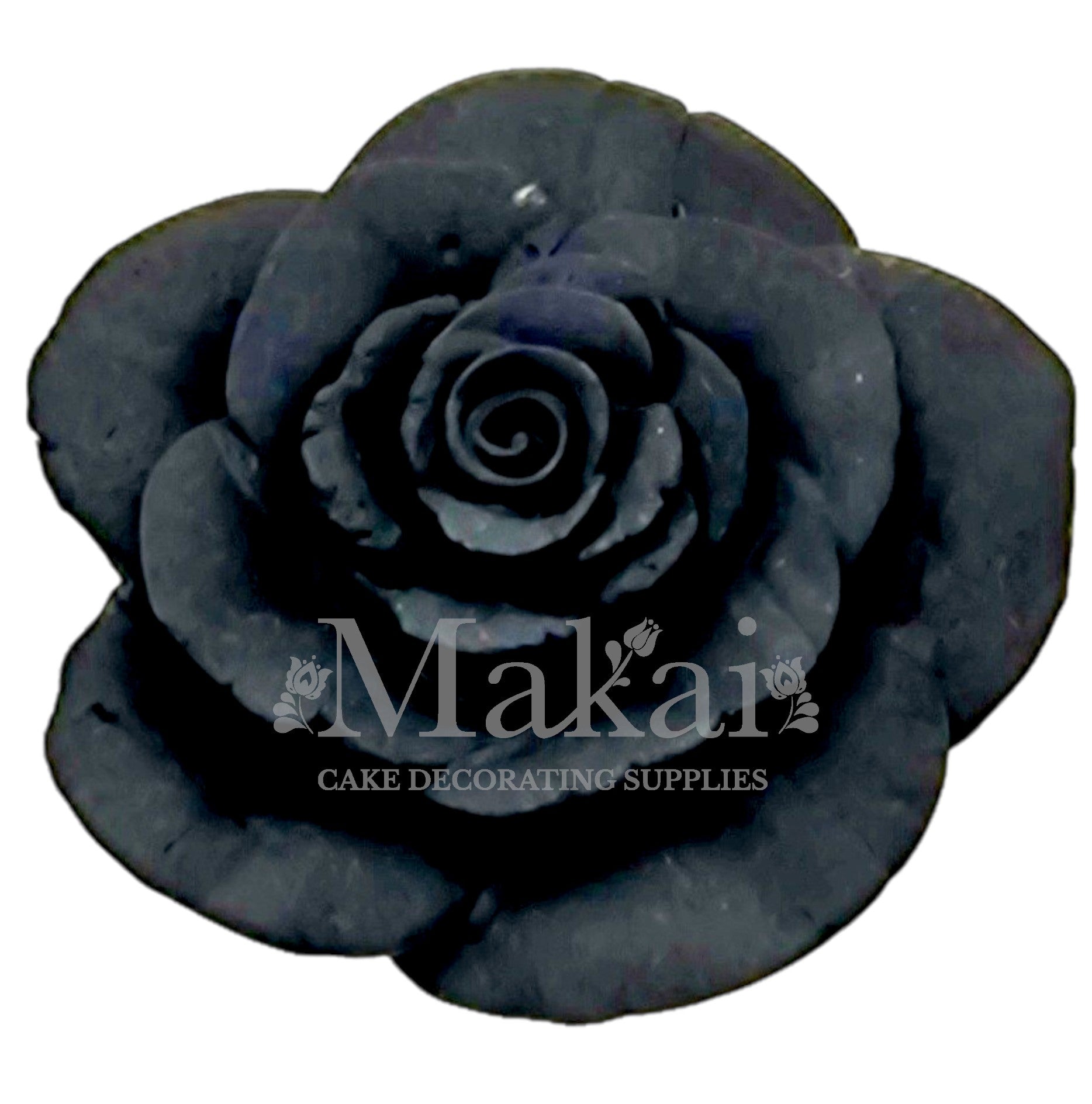 Large black fondant rose flower topper for gothic wedding and Halloween cakes.