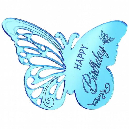 Light blue mirror acrylic butterfly cake topper with “Happy Birthday” engraving and decorative wing cutouts