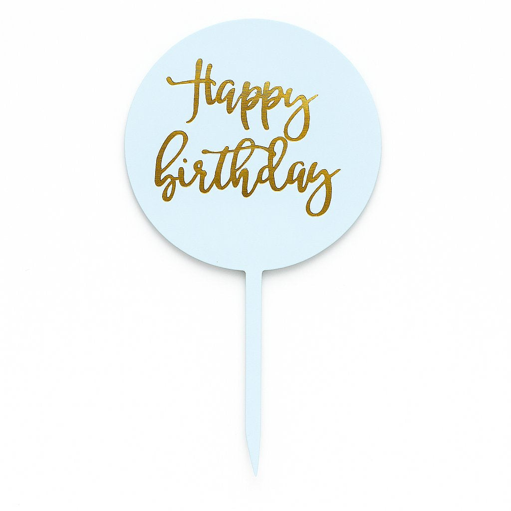 Blue plastic Happy Birthday cake topper with gold lettering