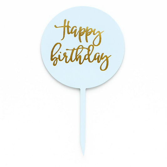 Blue plastic Happy Birthday cake topper with gold lettering