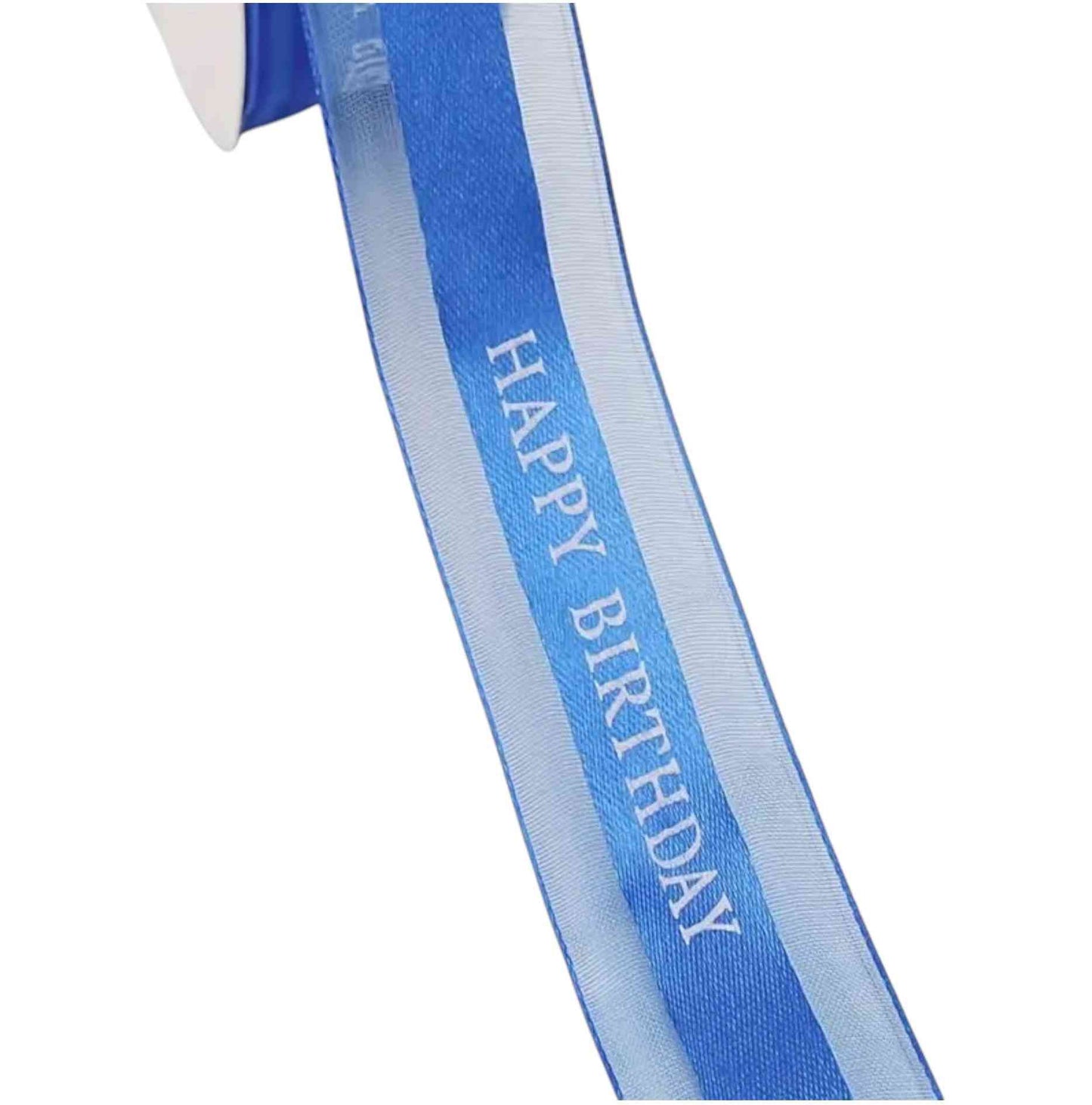 Blue mesh ribbon with white Happy Birthday text – 2.5 cm wide, ideal for festive cakes and party wrapping.