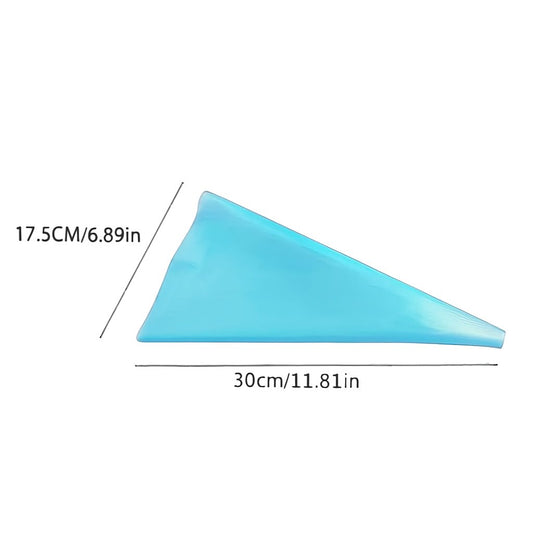 A reusable blue silicone piping bag for cake decorating, shown flat in triangular shape.