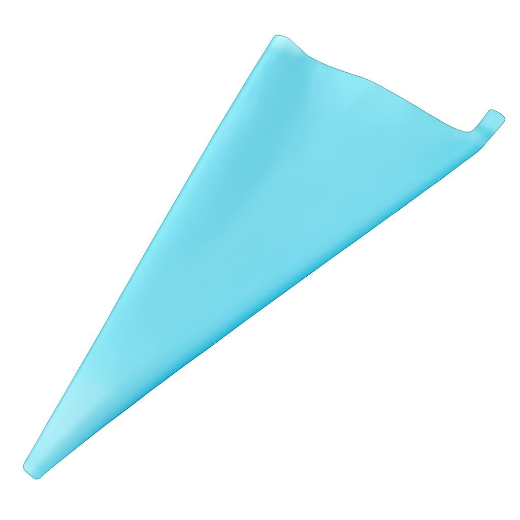 A reusable blue silicone piping bag for cake decorating, shown flat in triangular shape.