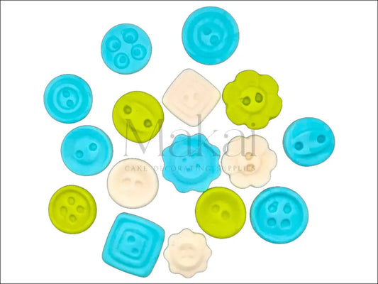 Blue, green, and white fondant button set for baby showers, birthdays, and sewing-themed cake decorations.