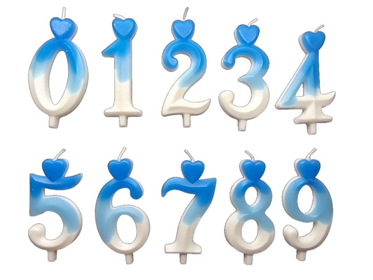 Blue ombré number candle with heart topper, fading into white – perfect for birthday cakes.