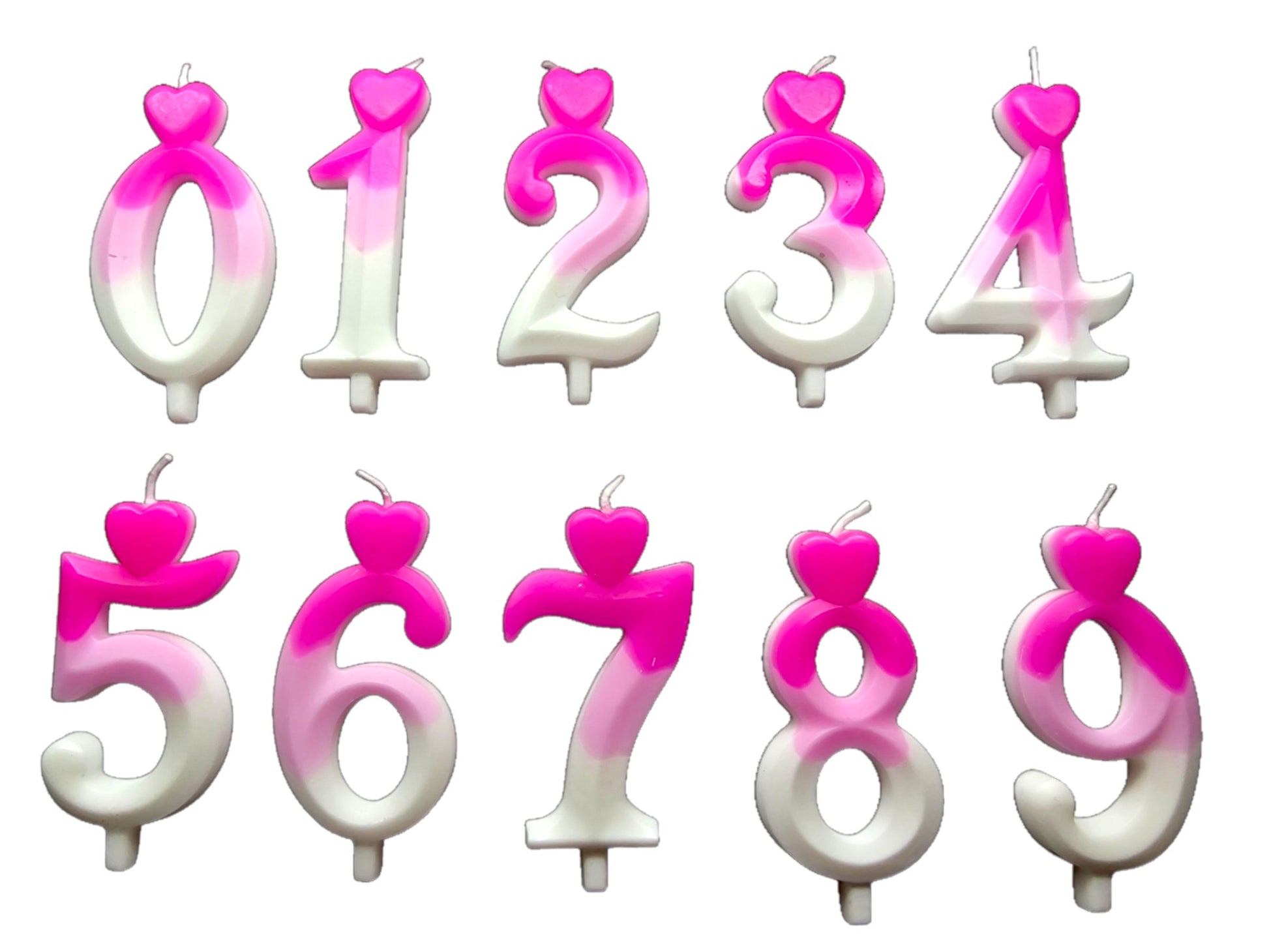 Pink ombré number candle with heart topper, fading into white – perfect for elegant birthday cakes.