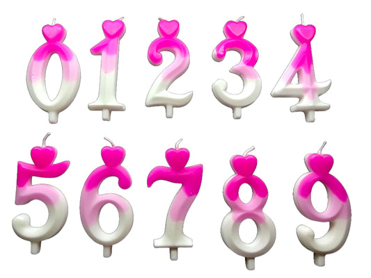 Pink ombré number candle with heart topper, fading into white – perfect for elegant birthday cakes.