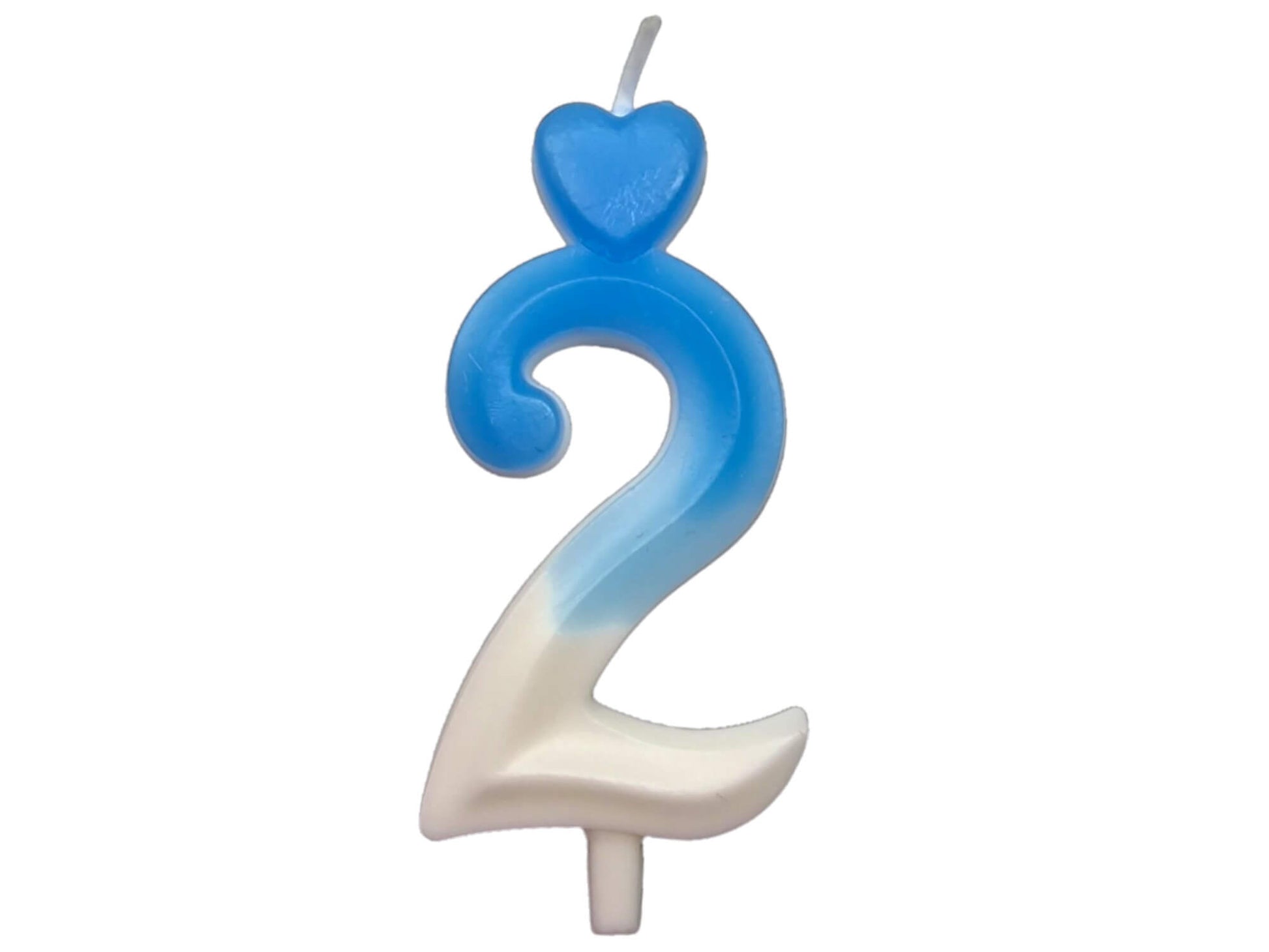 Blue ombré number candle with heart topper, fading into white – perfect for birthday cakes.
