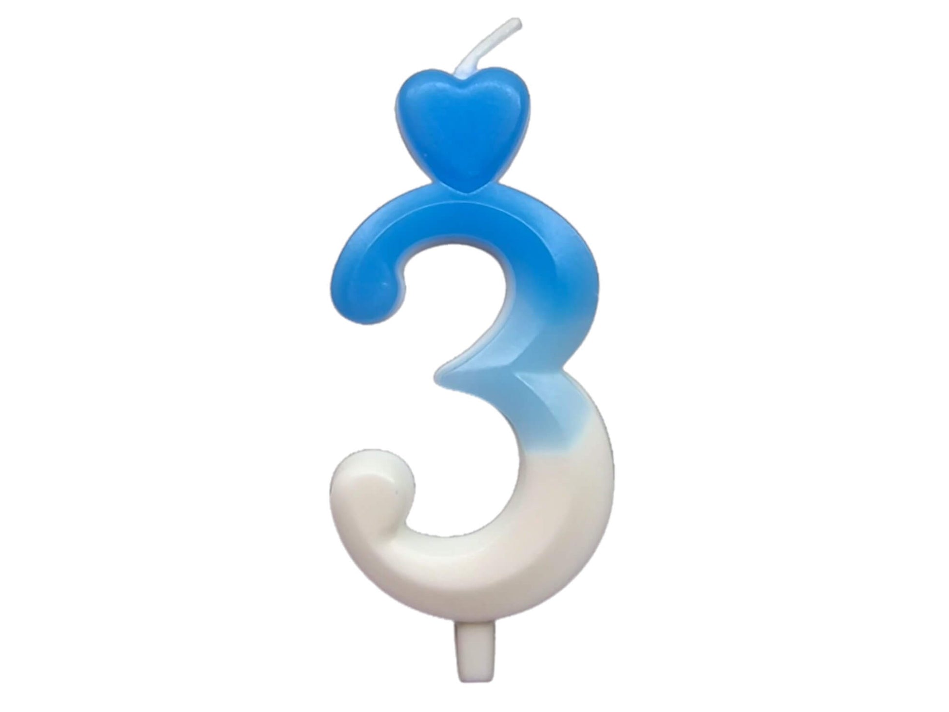 Blue ombré number candle with heart topper, fading into white – perfect for birthday cakes.