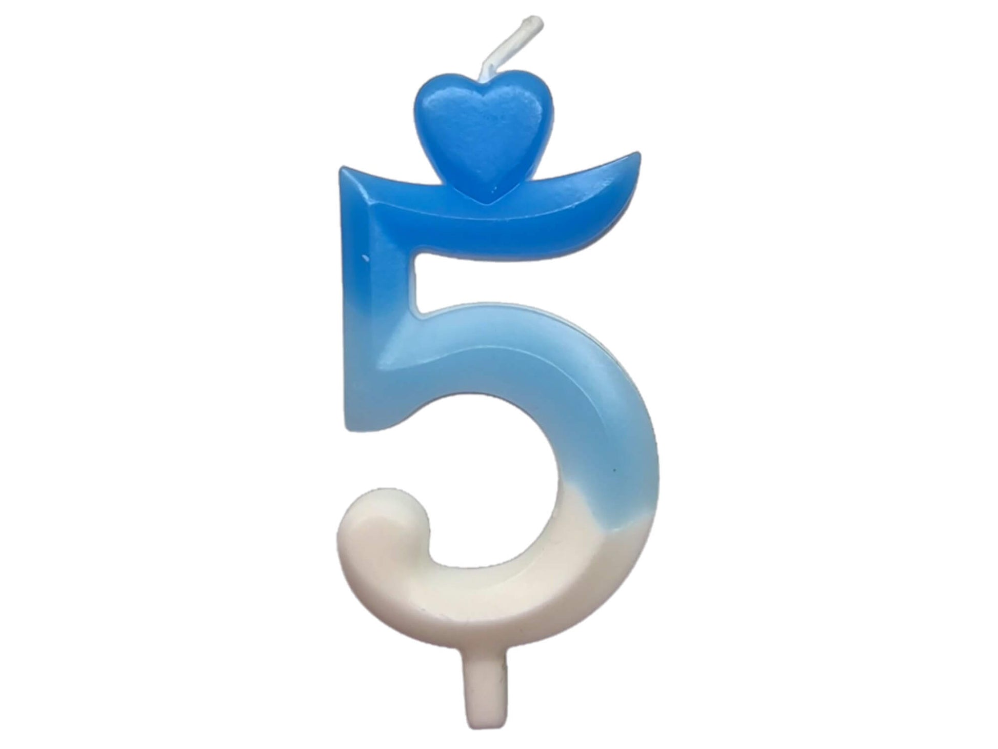 Blue ombré number candle with heart topper, fading into white – perfect for birthday cakes.