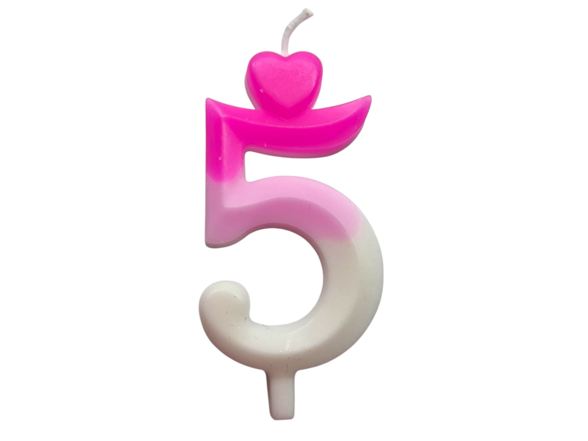 Pink ombré number candle with heart topper, fading into white – perfect for elegant birthday cakes.