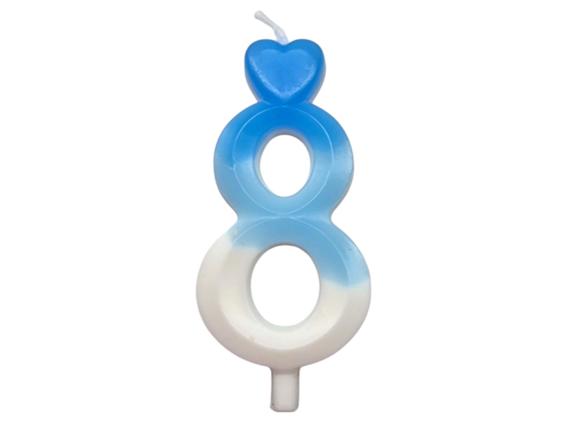 Blue ombré number candle with heart topper, fading into white – perfect for birthday cakes.