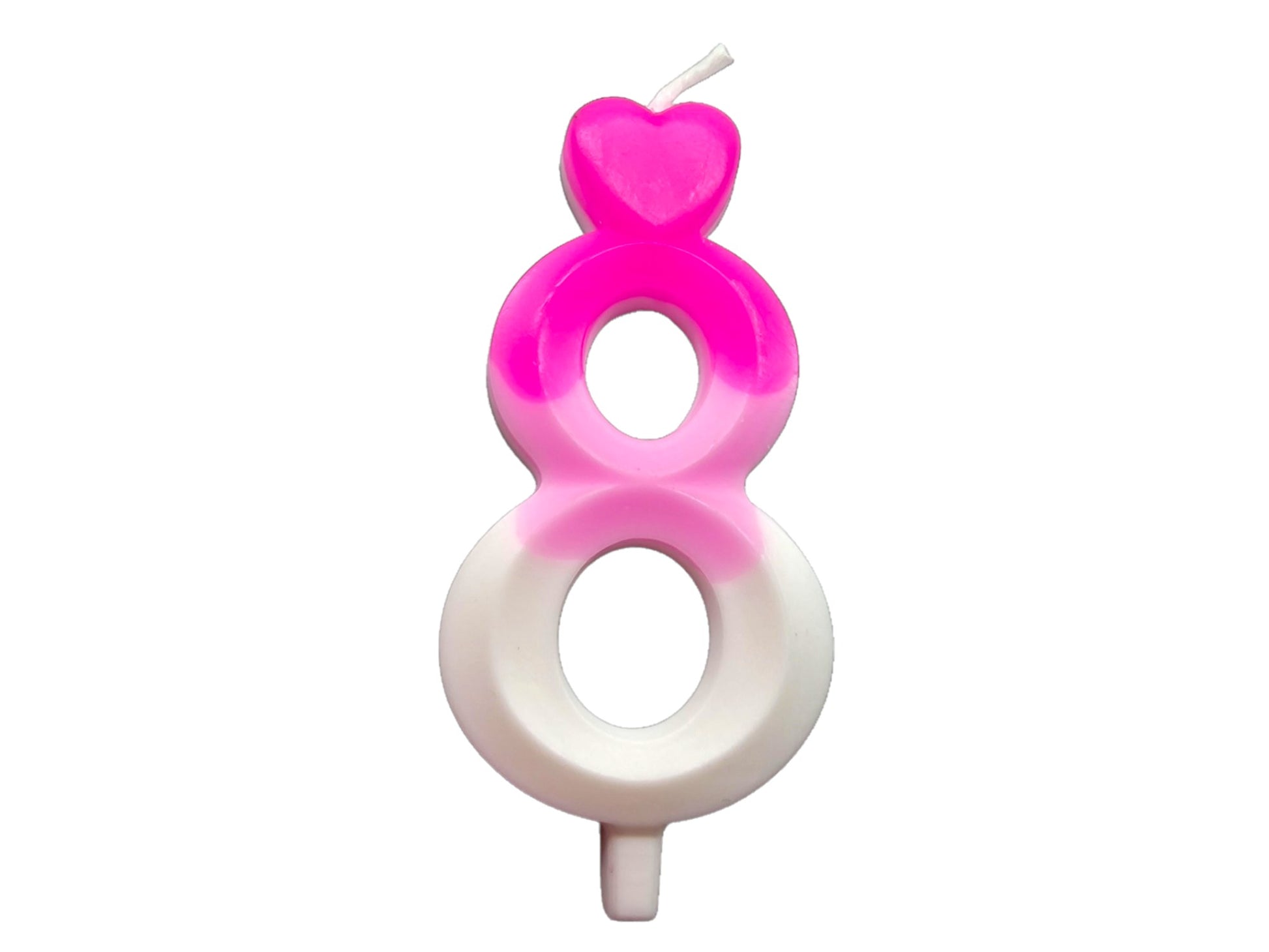 Pink ombré number candle with heart topper, fading into white – perfect for elegant birthday cakes.