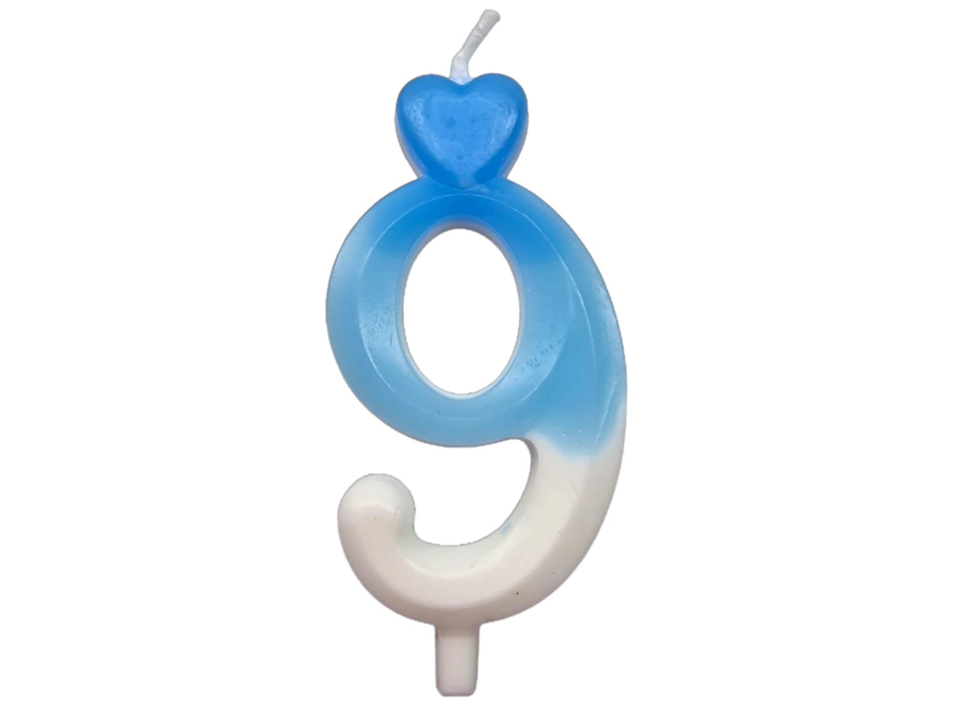 Blue ombré number candle with heart topper, fading into white – perfect for birthday cakes.