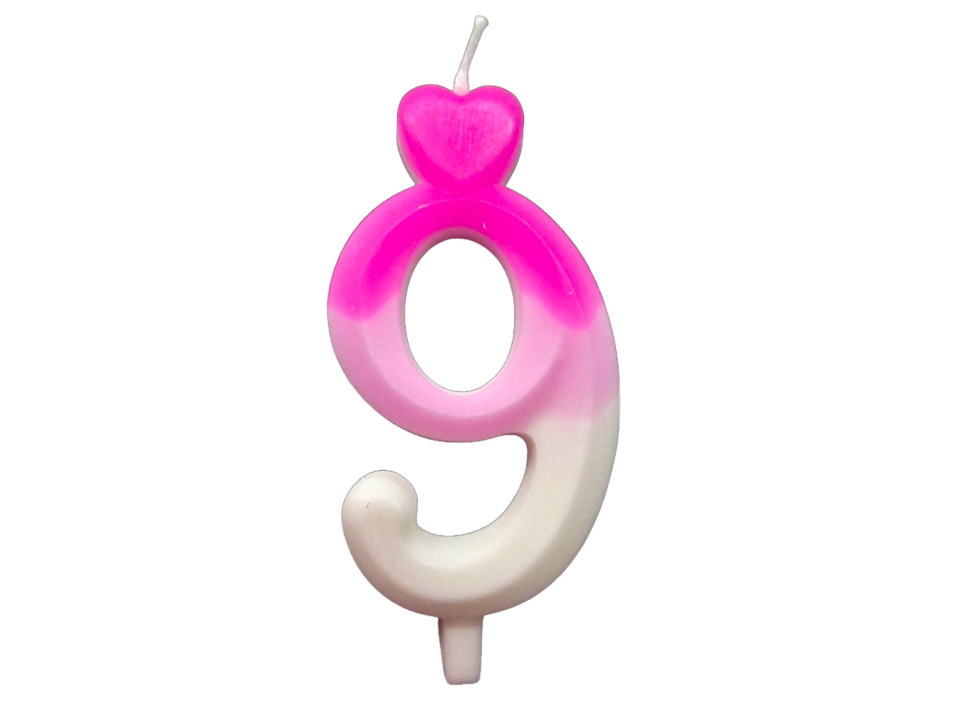 Pink ombré number candle with heart topper, fading into white – perfect for elegant birthday cakes.