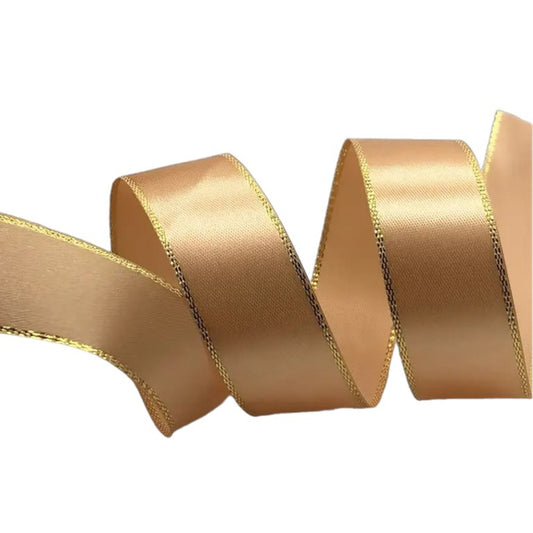 Champagne satin ribbon with gold trim – 2.5 cm wide decorative ribbon for cakes and gifts