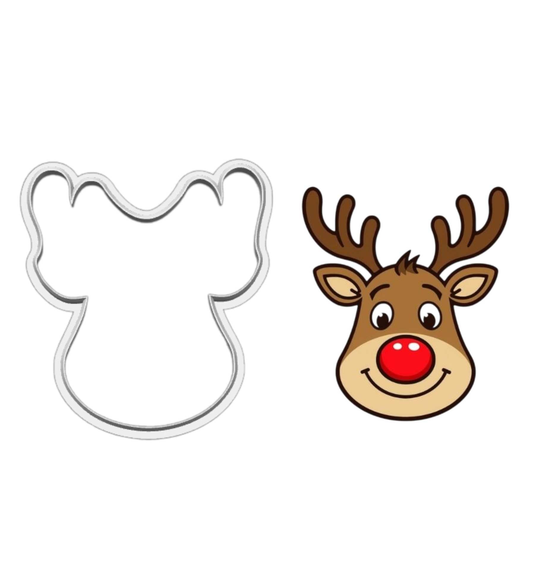 Reindeer head cookie cutter next to decorated reindeer biscuit illustration