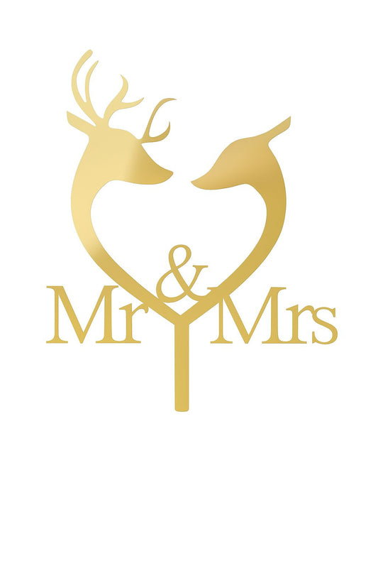 Gold mirror acrylic “Mr & Mrs” cake topper with deer couple and heart design