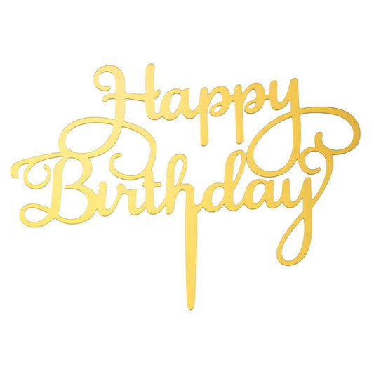 Gold acrylic “Happy Birthday” cake topper in elegant script style – classy and reusable