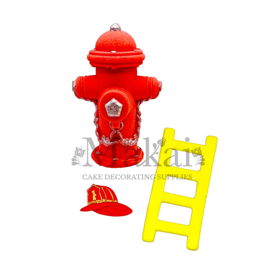 Edible firefighter cake toppers including red hydrant, yellow ladder, and helmet—perfect for rescue-themed cakes.