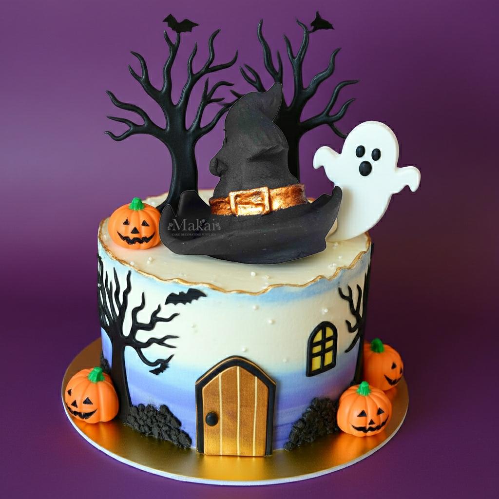 Purple and orange Halloween cake with witch hat and haunted house theme