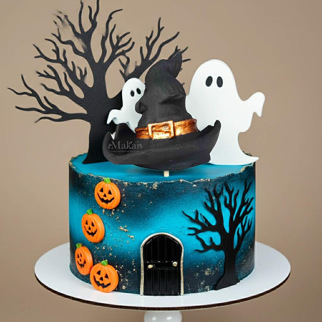 Halloween-themed cake with black hat, ghosts, pumpkins, and a tree on a beige background