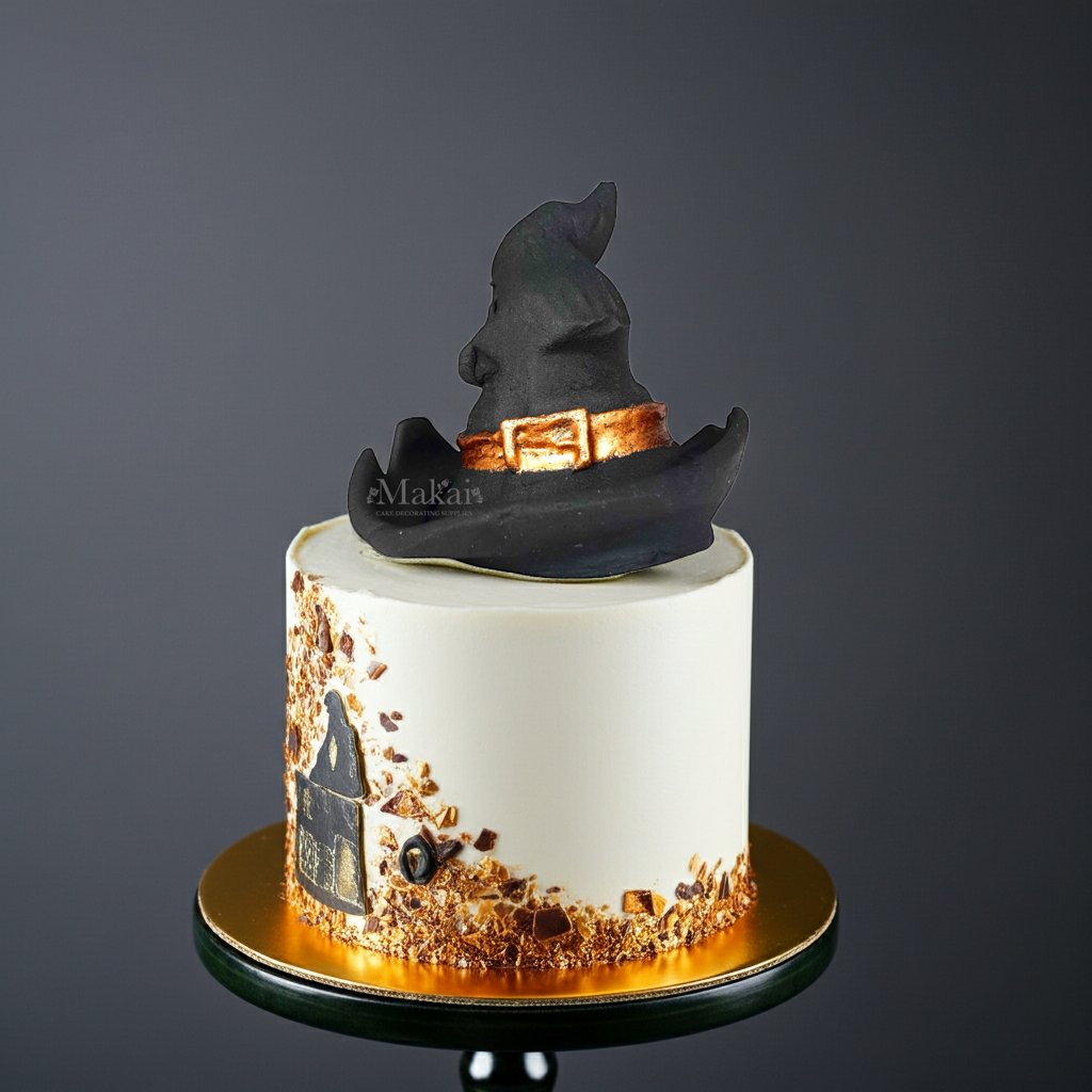 Black and gold Halloween cake with fondant hat and castle design