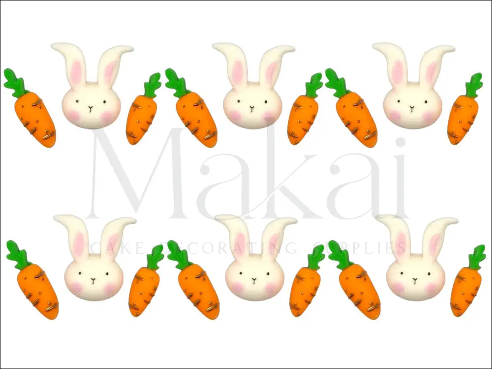 Fondant bunny faces and carrots set with 6 bunny heads and 12 carrots for cake decoration.