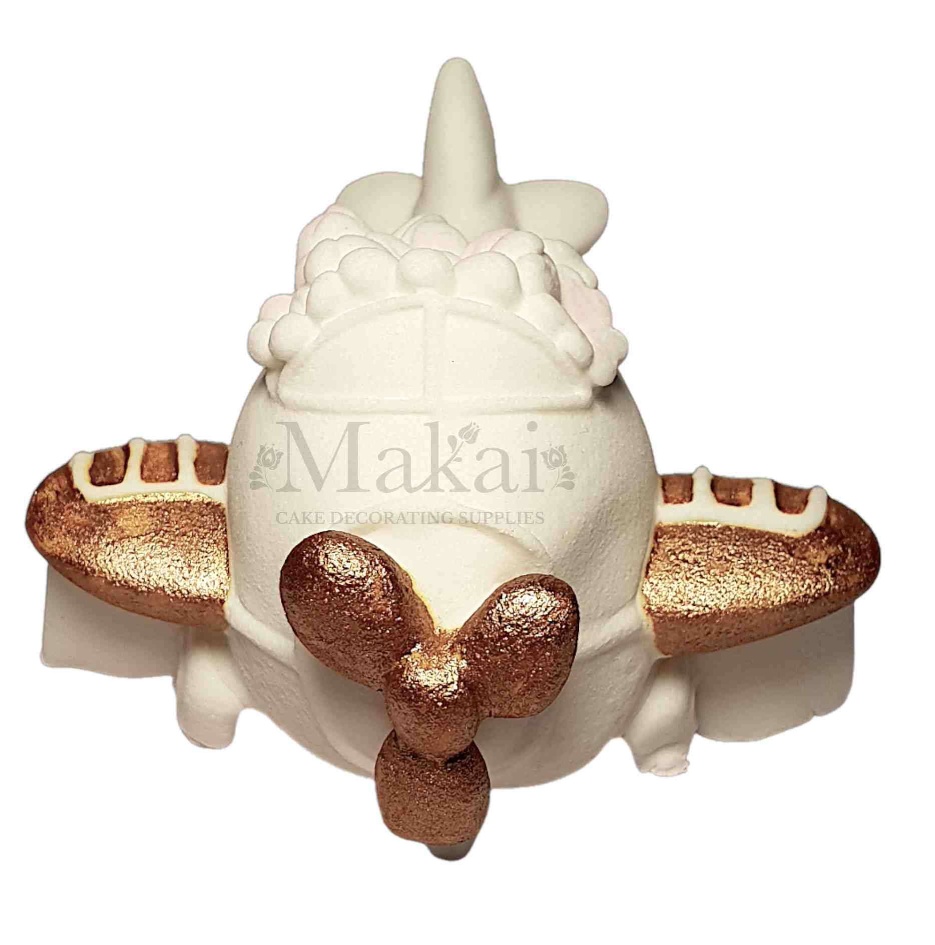 White and gold fondant airplane cake topper – front view