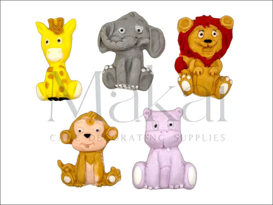 Giraffe, Hippo, Lion, Monkey, and Elephant Fondant Cake Decoration Set.