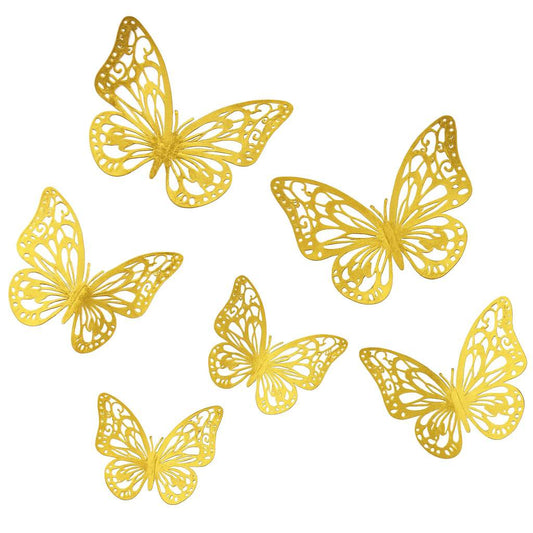 Set of 6 gold 3D butterfly cake decorations in three sizes with intricate cut-out wings