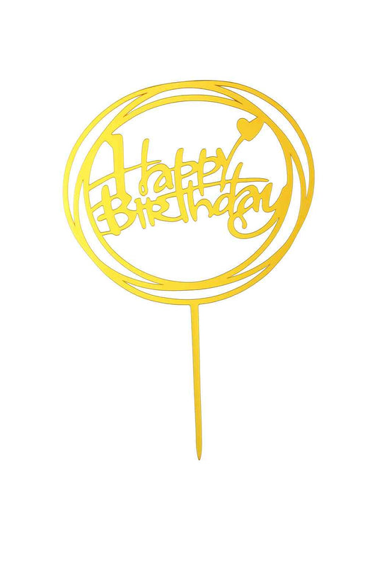 Gold acrylic “Happy Birthday” cake topper with circular frame and small heart – fun and cheerful design
