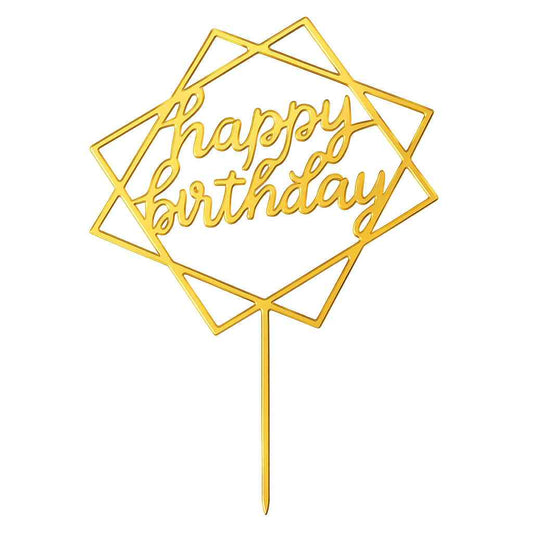 Gold acrylic Happy Birthday cake topper with geometric frame and elegant script text