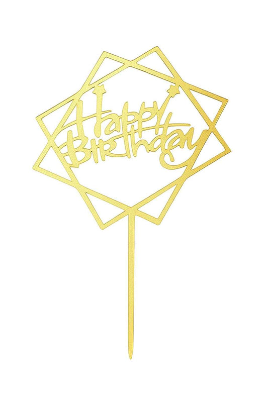 Gold acrylic “Happy Birthday” cake topper with geometric star frame – elegant and modern
