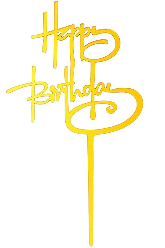 Gold acrylic “Happy Birthday” cake topper with modern script design – stylish and reusable