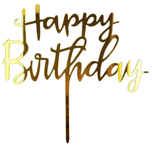Gold acrylic Happy Birthday cake topper with bold elegant script
