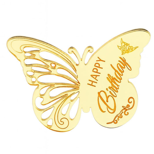 Gold mirror acrylic butterfly cake topper with engraved “Happy Birthday” text and intricate cut-out wings