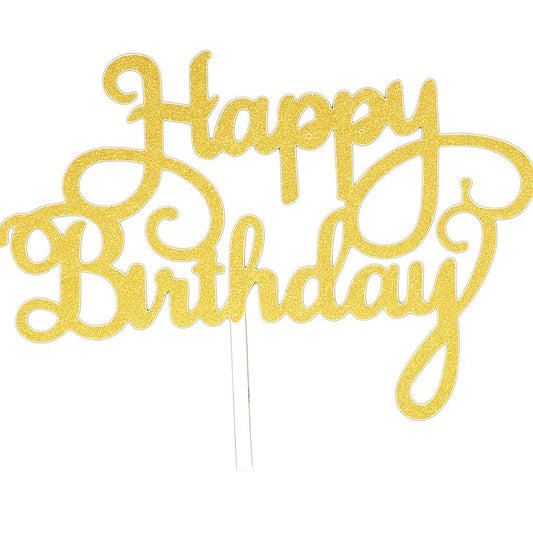 Gold "Happy Birthday" glitter cake topper with swirly letters on a stick – perfect for elegant birthday cakes