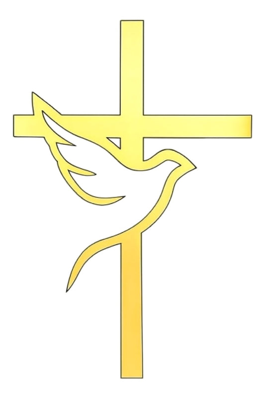 Gold acrylic cake topper with cross and dove for religious celebrations