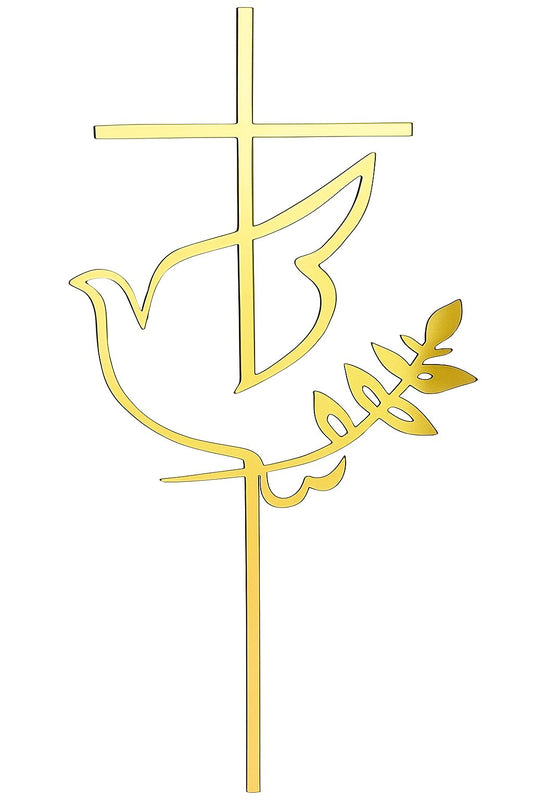 Gold acrylic cake topper with cross, dove, and leaf for christening cakes