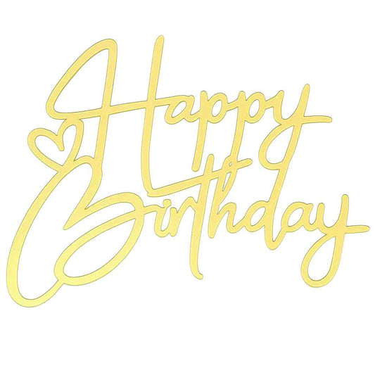 Gold acrylic Happy Birthday cake topper with heart accent and elegant script