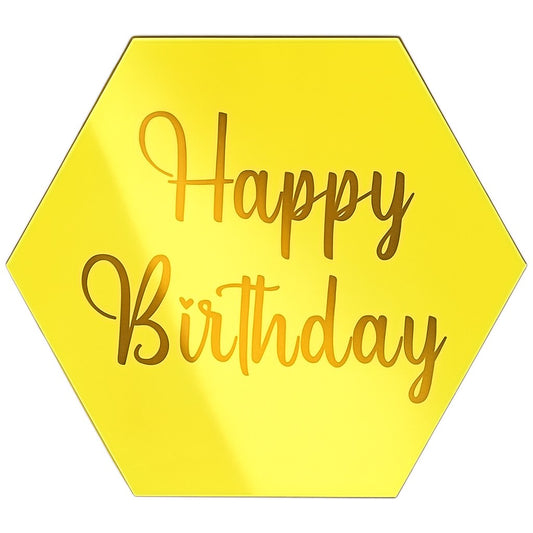 Gold hexagon acrylic cake topper with "Happy Birthday" script