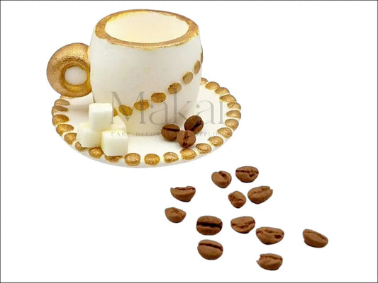  Fondant coffee / tea cup set with gold accents, saucer, sugar cubes, and coffee beans for cake decoration.