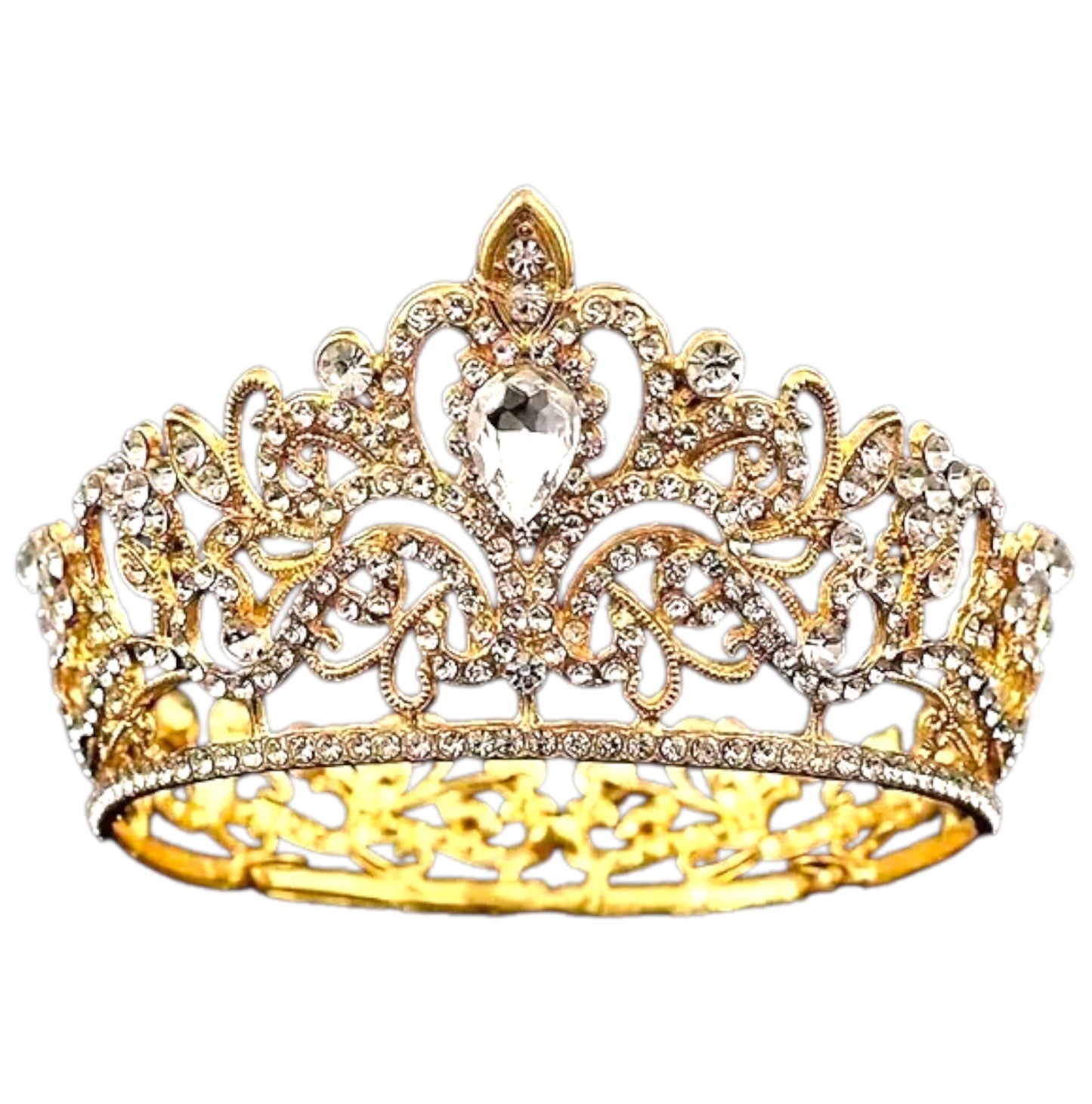 Gold crown cake topper with clear rhinestones on white background
