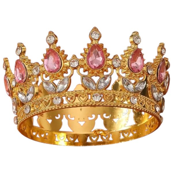Large gold crown cake topper with baby pink teardrop crystals