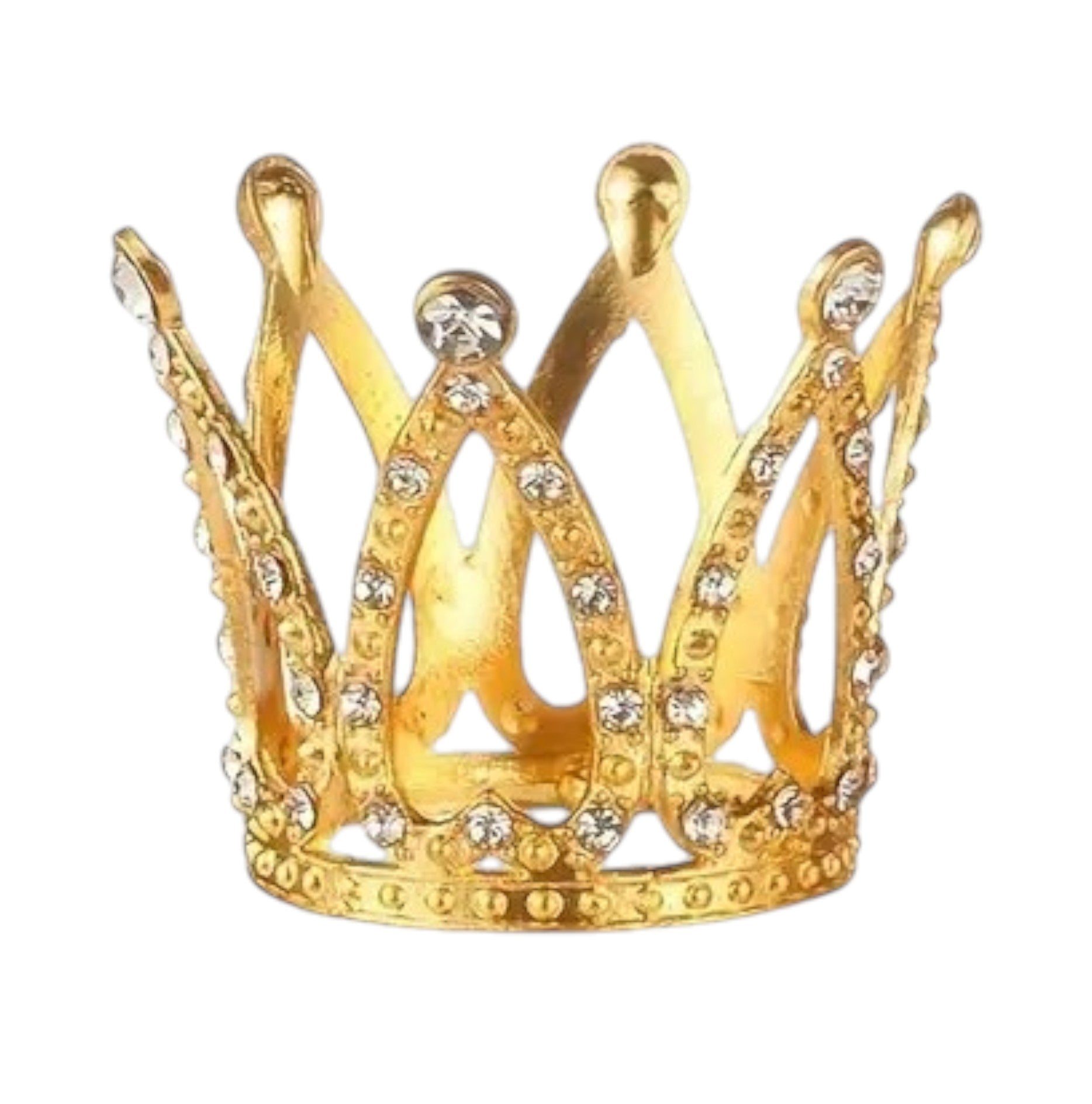 Small gold crown cake topper with rhinestones for baby celebration