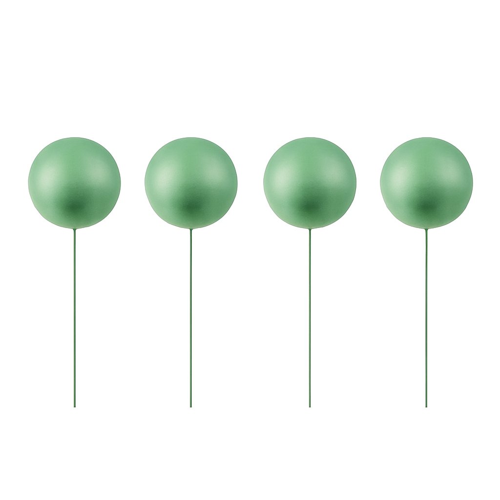 Four green spherical objects on sticks against a white background