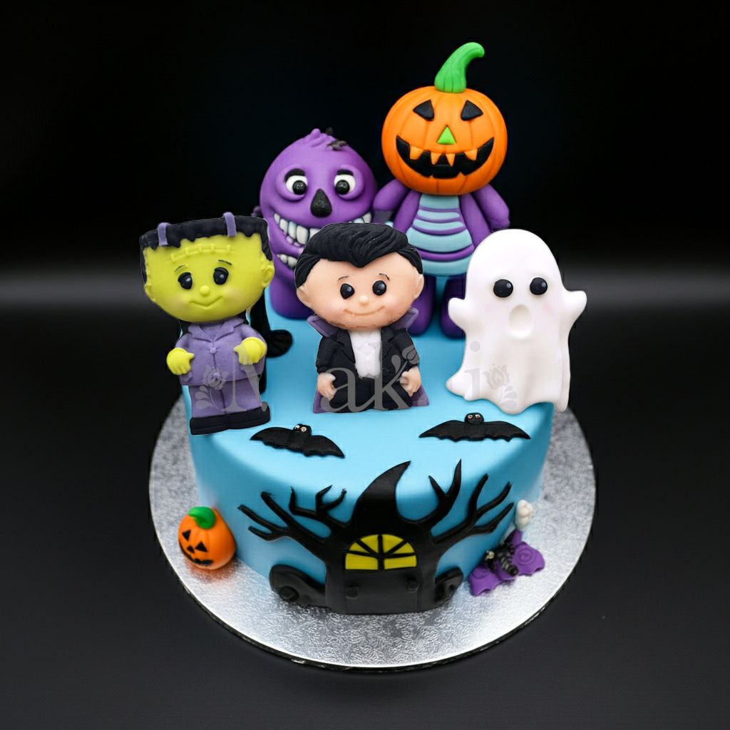 ChatGPT said:

Halloween fondant figures – Frankenstein, Dracula, and a ghost decorate a blue cake with pumpkin and purple monster accents. Edible cake decorations by Makai Cake Decorating Supplies.