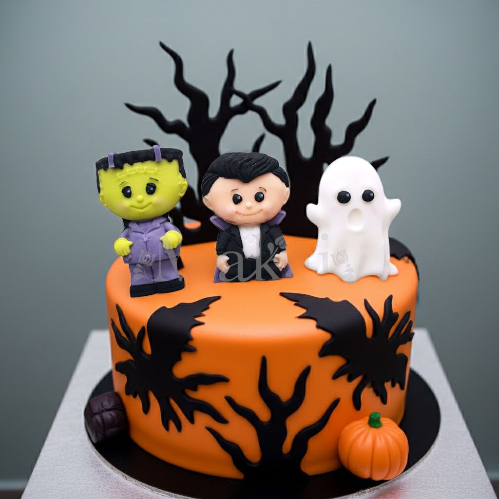 Orange Halloween cake topped with Frankenstein, Dracula, and ghost fondant figures. Fun spooky edible decorations handmade by Makai Cake Decorating Supplies.
