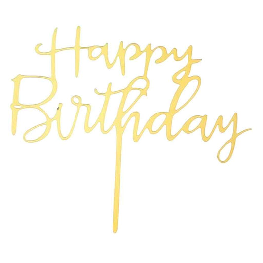 Gold acrylic Happy Birthday cake topper with handwritten script style – elegant and modern